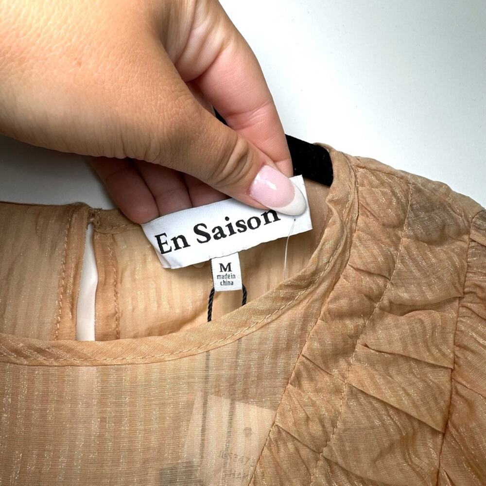 EN SAISON Dee Dee Striped Babydoll Asymmetric Tiered Mini Dress Khaki Medium NWT - Picture 9 of 10